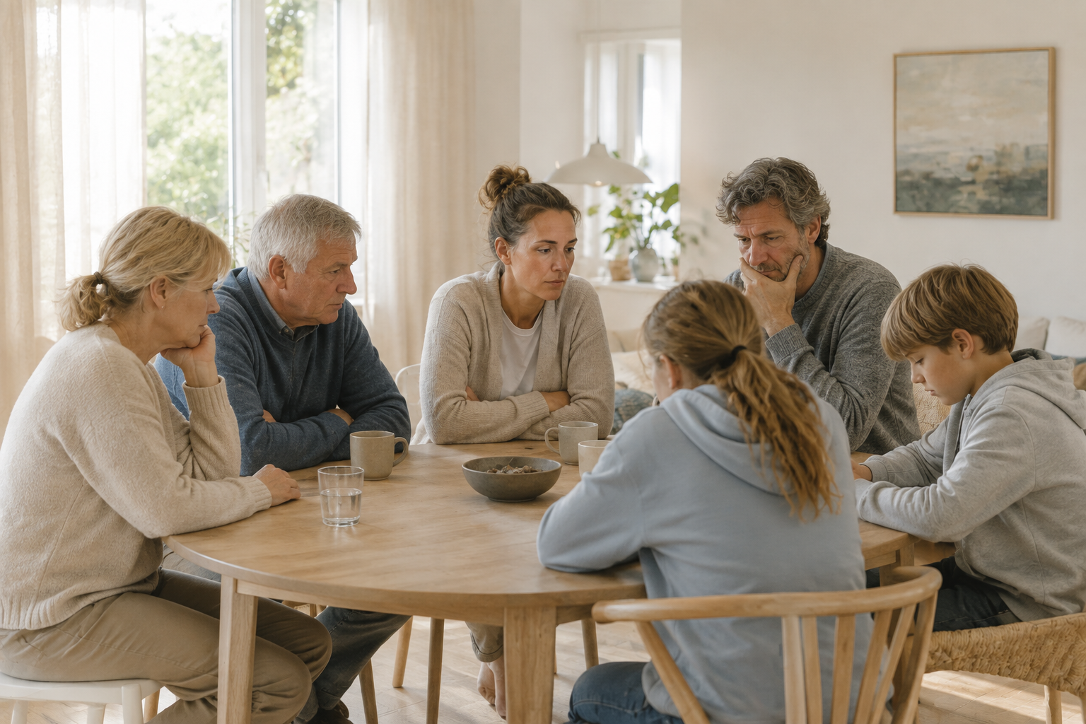 Tre generationer af en familie sidder omkring et spisebord i alvorlig samtale