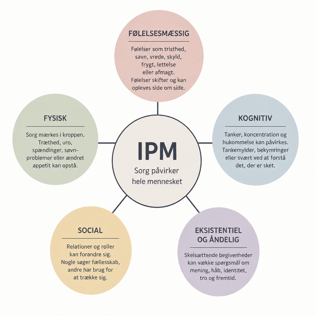 Diagram over IPM, Den Integrative Procesmodel: sorg påvirker hele mennesket gennem fem områder – følelsesmæssigt, kognitivt, fysisk, socialt samt eksistentielt og åndeligt