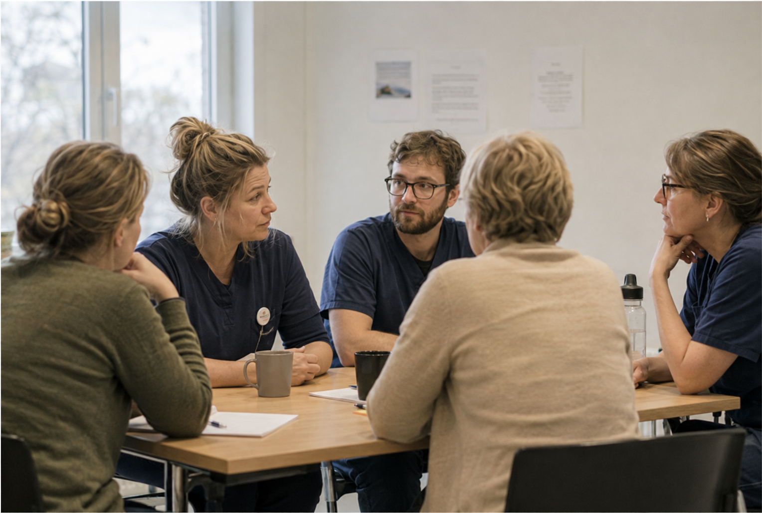 Fem fagpersoner sidder om et bord i et mødelokale og taler sammen