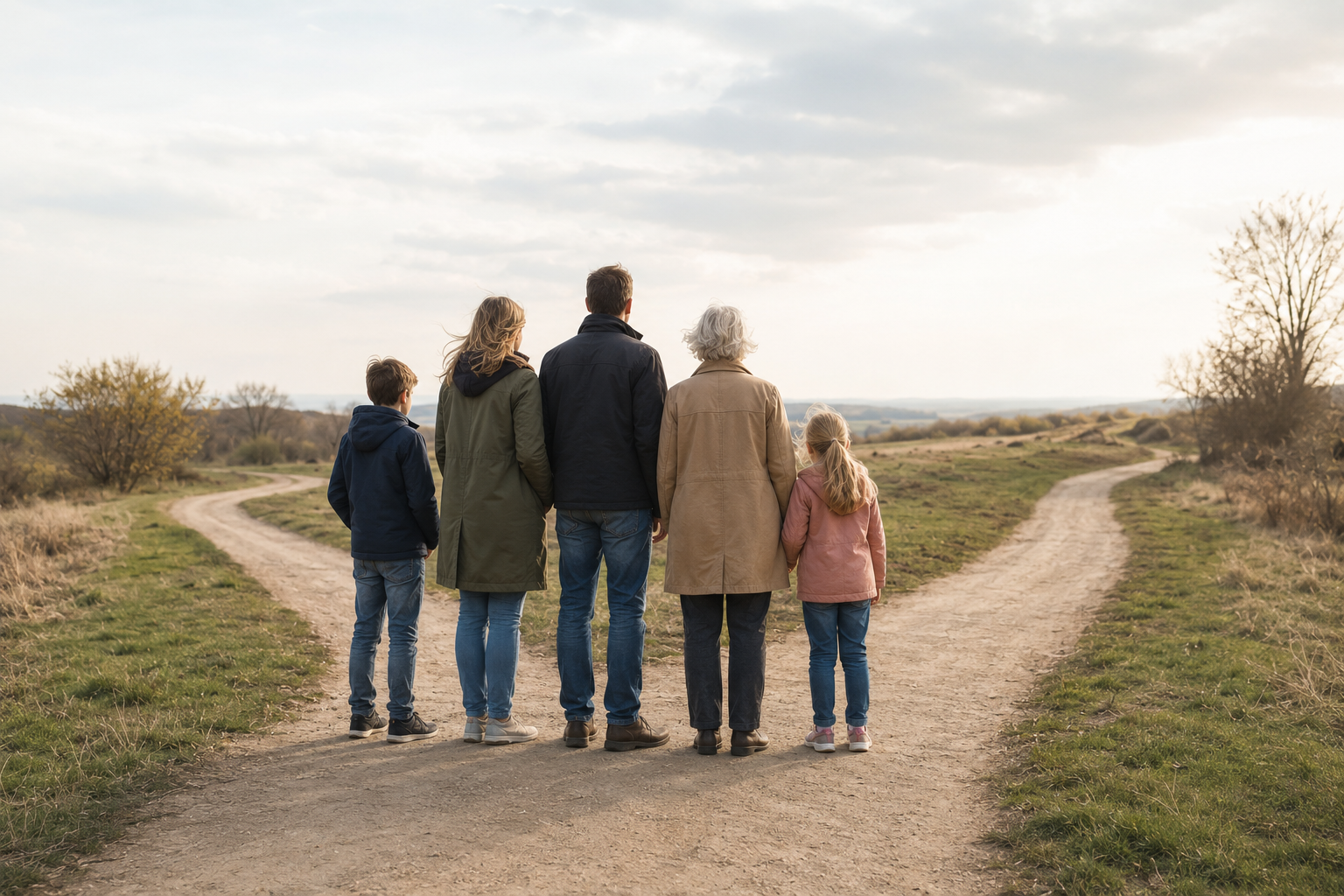 En familie på fem set bagfra står ved en sti, der deler sig i to retninger