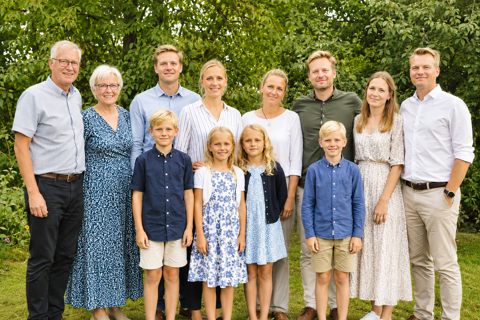 Tre generationer af en familie står samlet udendørs i en have på en sommerdag